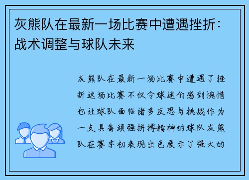 灰熊队在最新一场比赛中遭遇挫折：战术调整与球队未来